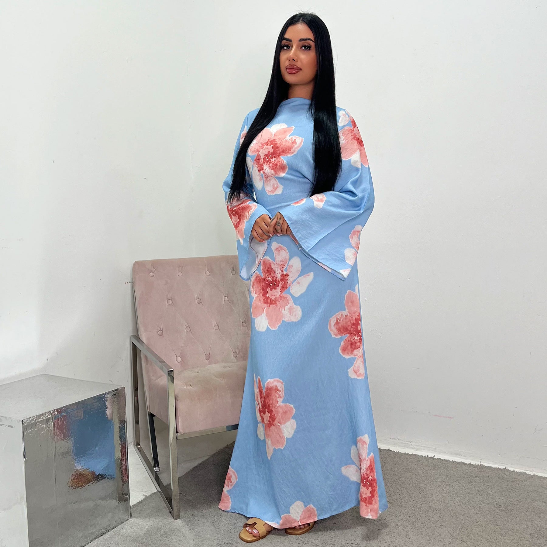 LR1063  Women's Printed Ankle-Length Dress with Slimming Waist