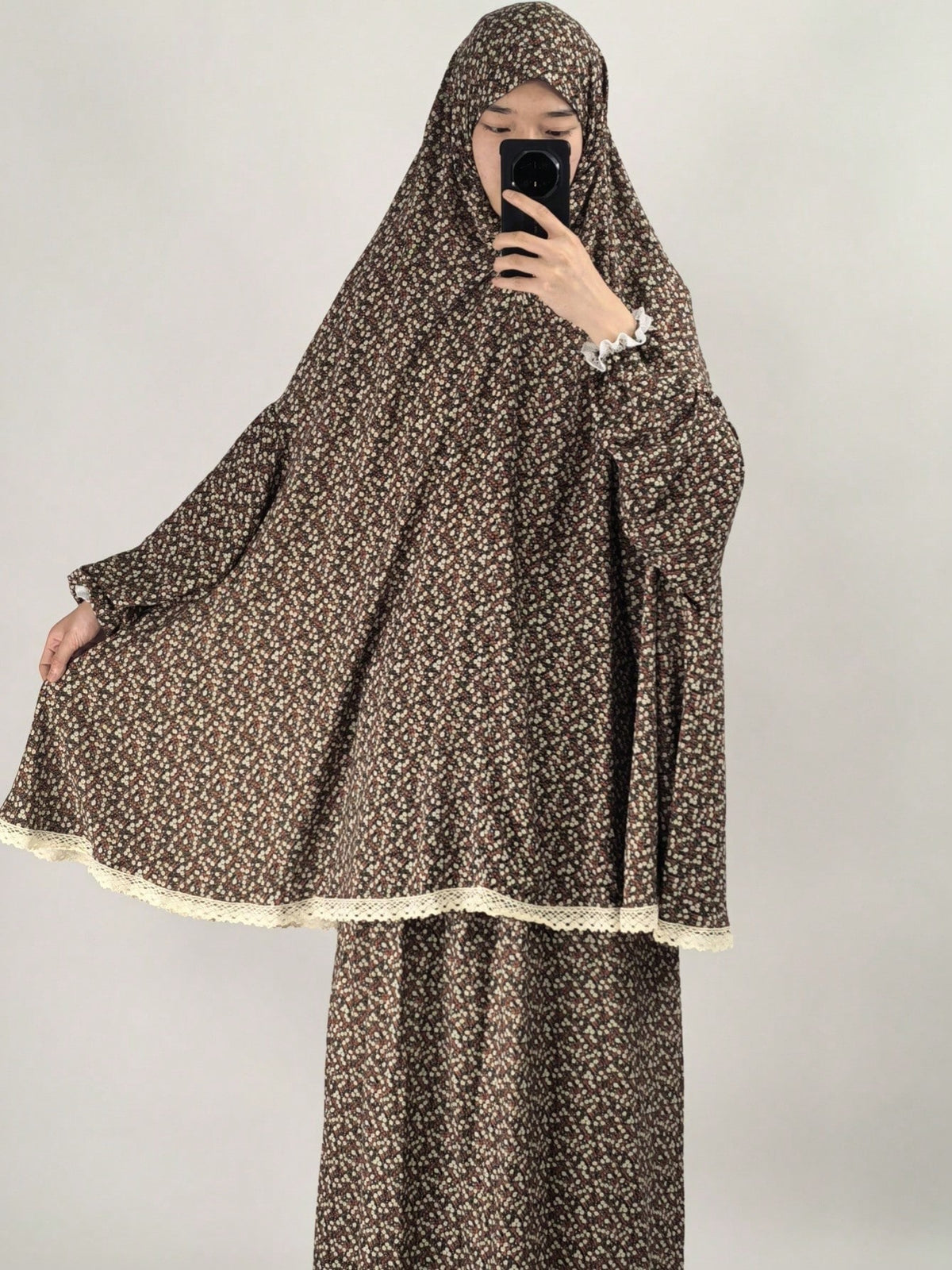 YT81  Floral Print Polyester Hijab & Abaya Prayer Set