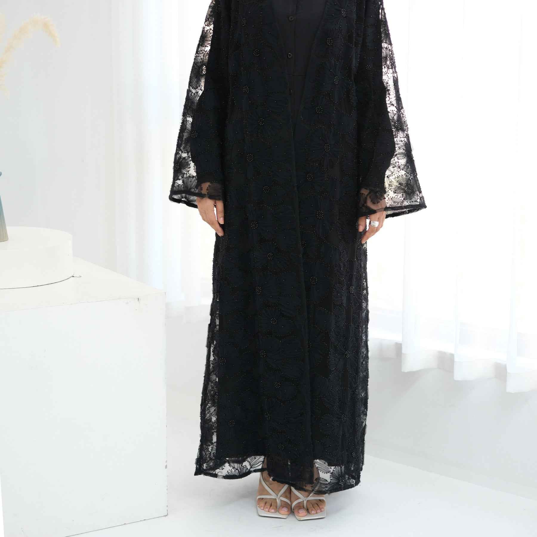 LR1069  3D Floral Beaded Cardigan Abaya