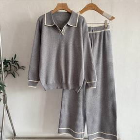 6676  Women's Autumn Contrast Color Lapel Jersey Two-Piece Set