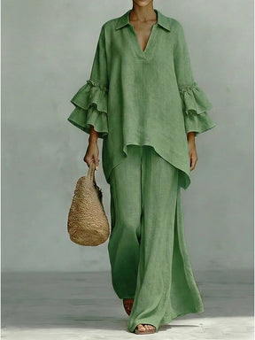 8152  Women Casual Plain Shirt Collar Loose Pants Two Piece Set
