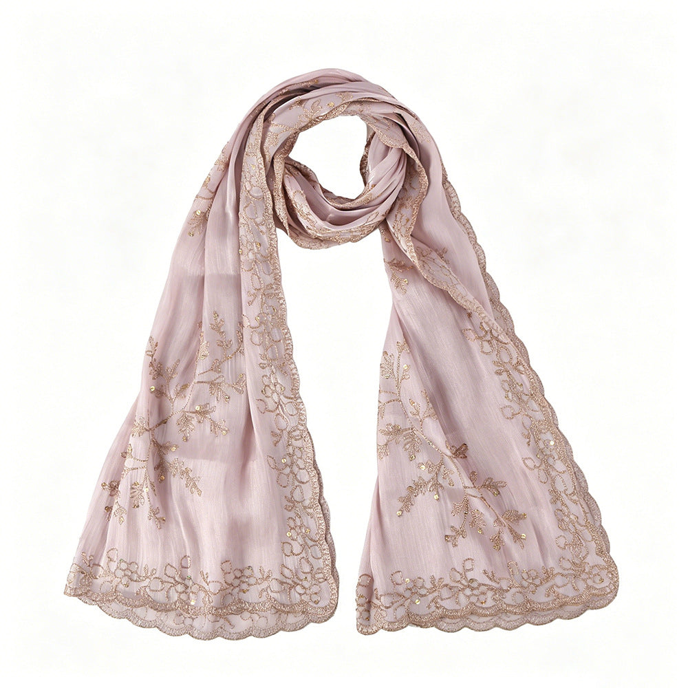 WJ115  Plain Embroidered Scallop Edge Sea Island Silk Hijab