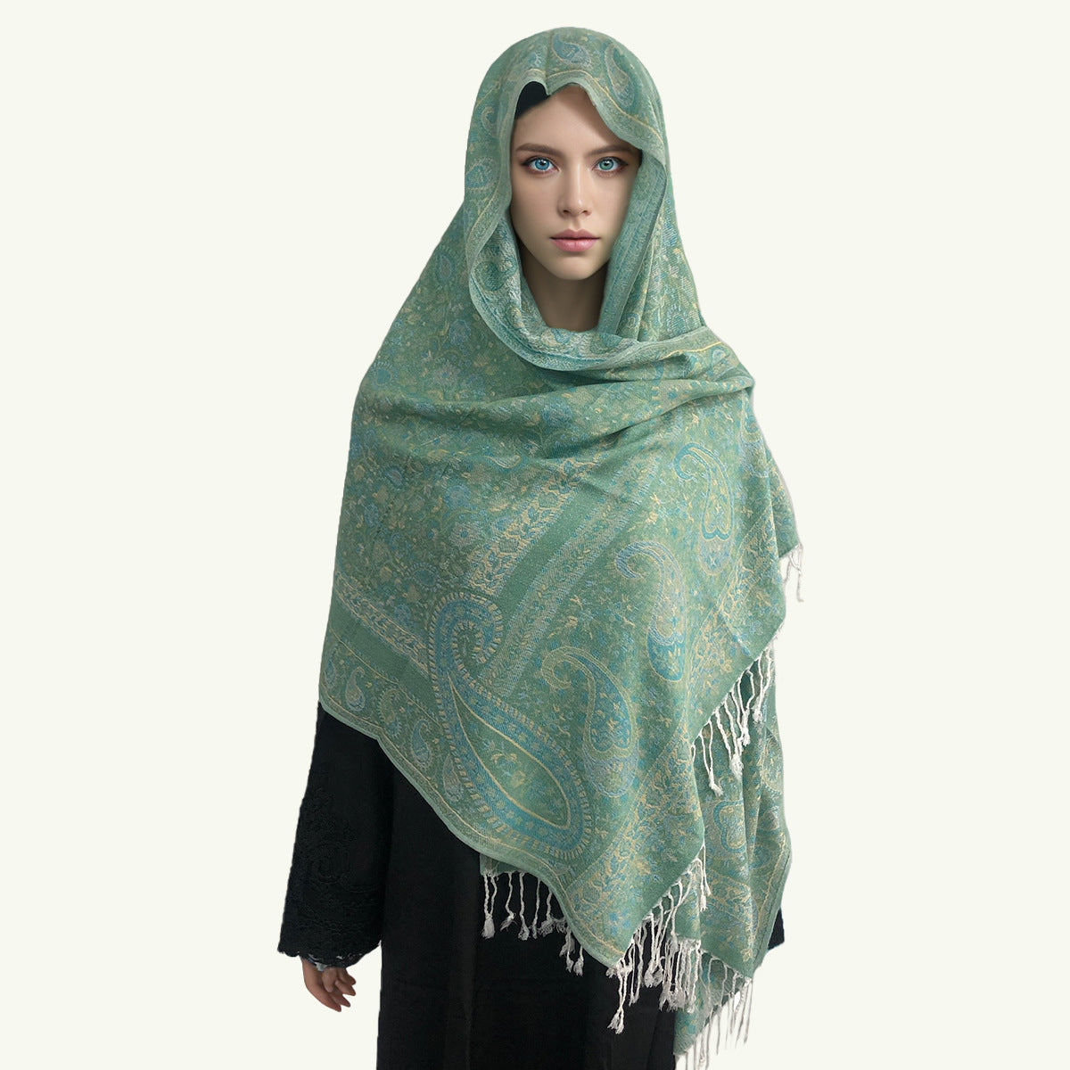 WJ005  Faux Cashmere Paisley Embroidered Tassel Scarf