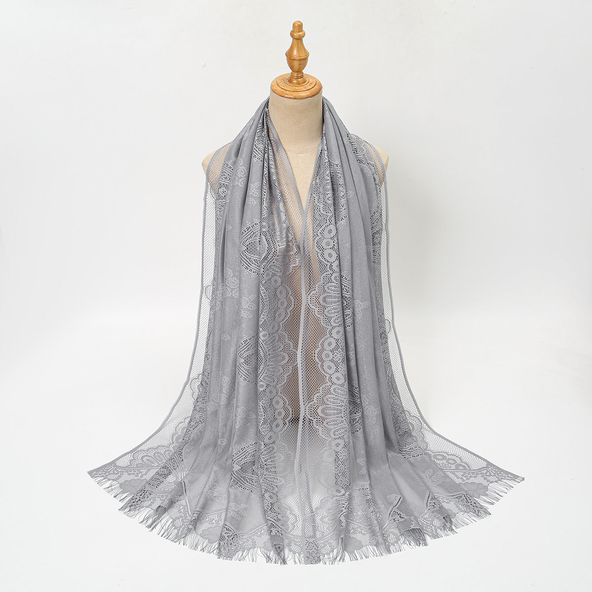 VE160  Plain Polyester Water Wave Cutout Lace Fringe Hijab