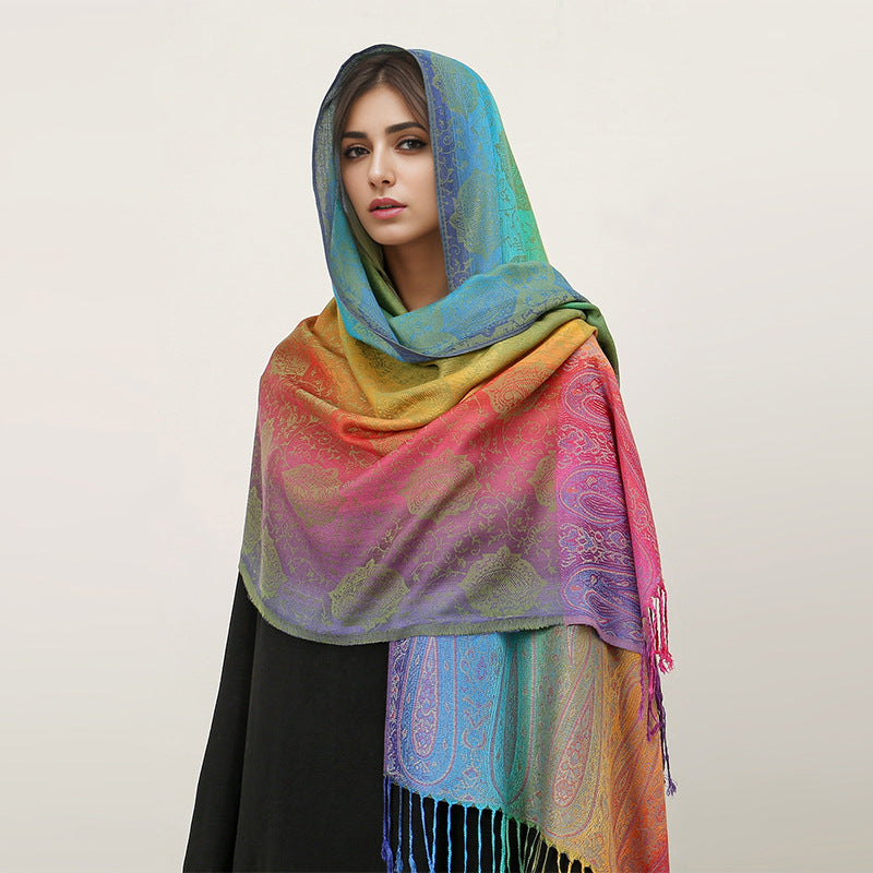 T318-01  Paisley Embroidered Ombre Tassel Polyester Cotton Scarf