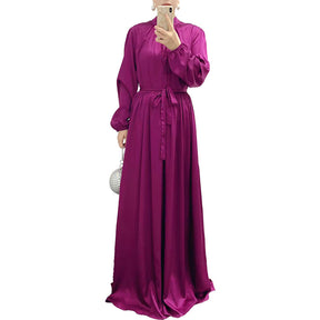 21662  Elegant Long Sleeve Tie-Waist Flowy Abaya Dress