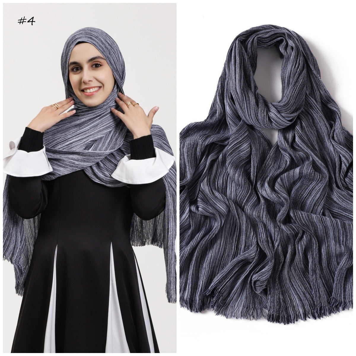 YZ319  Plain Vertical Stripe Modal Crinkle Fringe Hijab