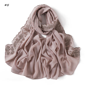 YZ315  Plain Chiffon Butterfly Embroidery Pearl Lace Hijab