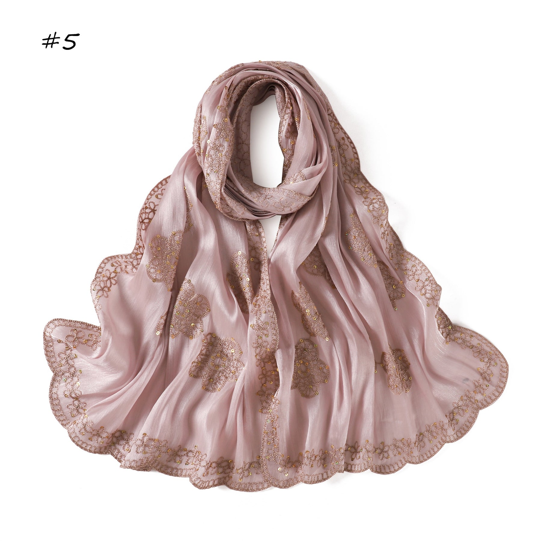 YZ343  Sequin Floral Embroidered Lace Trim Breathable Hijab