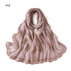 YZ343  Sequin Floral Embroidered Lace Trim Breathable Hijab