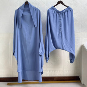 P103  Plain 2-Piece Loose Long Sleeve Top Hijab and Tied Pants Set