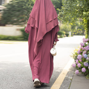 LR616+HJ908  Plain Polyester Batwing Dress + Hijab Set