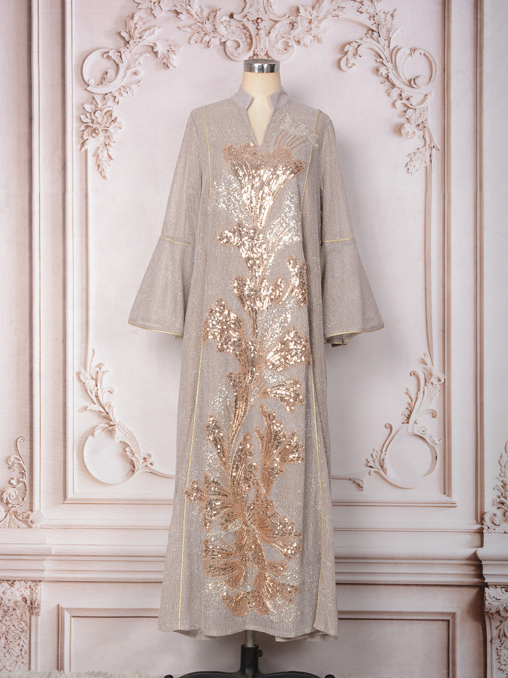 MT557  Stand Collar Sequin Beaded Embroidered Luxury Dress