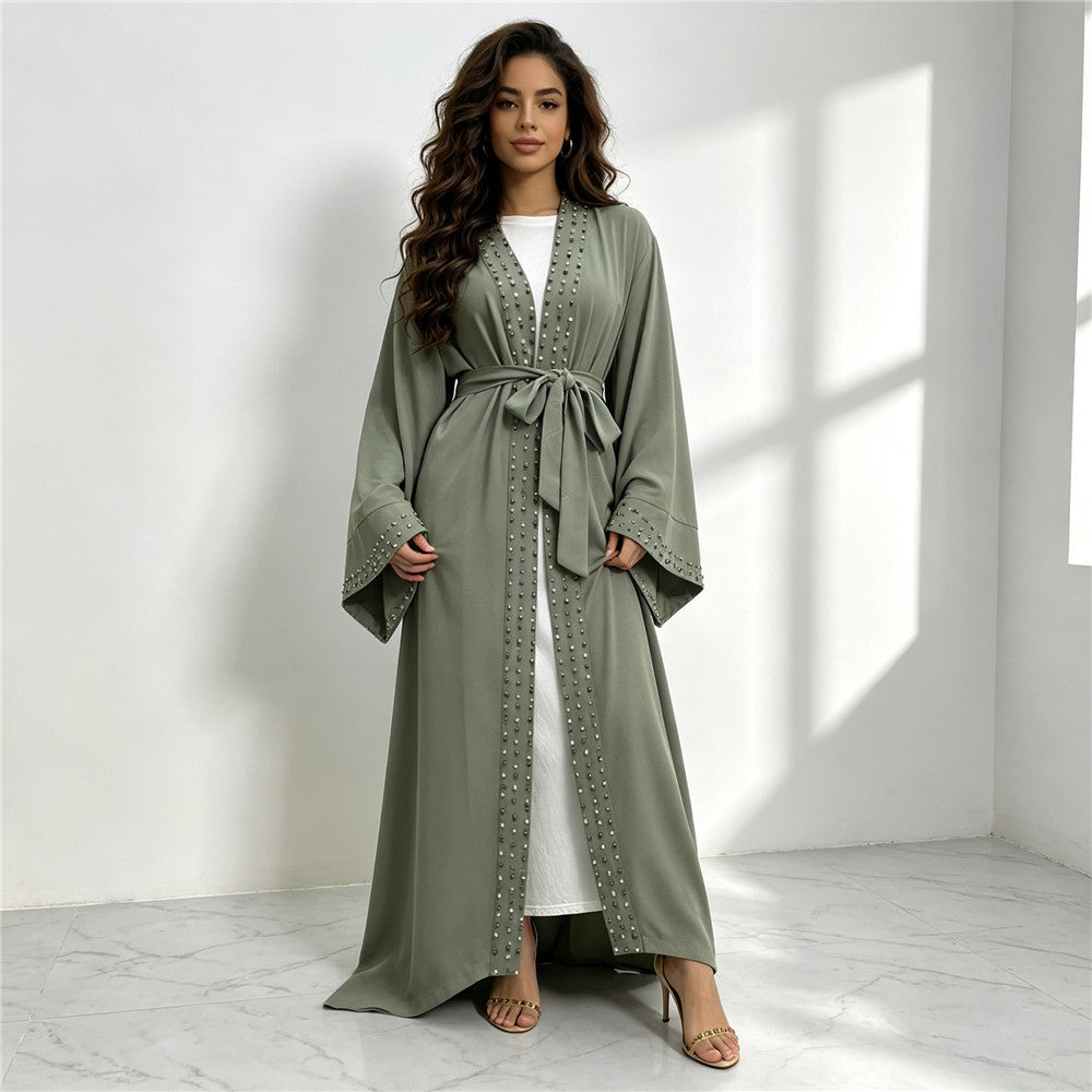 1838 vestido tipo cárdigan abaya musulmán con cuentas de uñas liso
