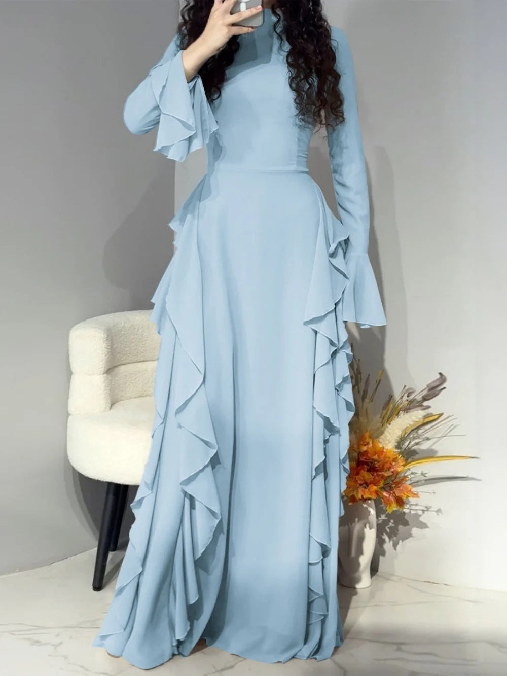 6256  Elegant Plain High-Waist Flare Sleeve Long Dress