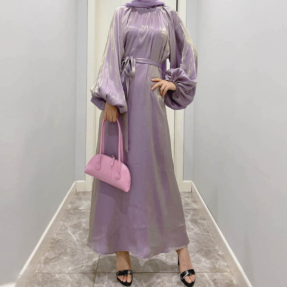 1342 Puff sleeve Bright silk muslim abaya dress