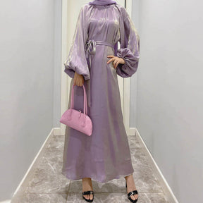 1342 Puff sleeve Bright silk muslim abaya dress