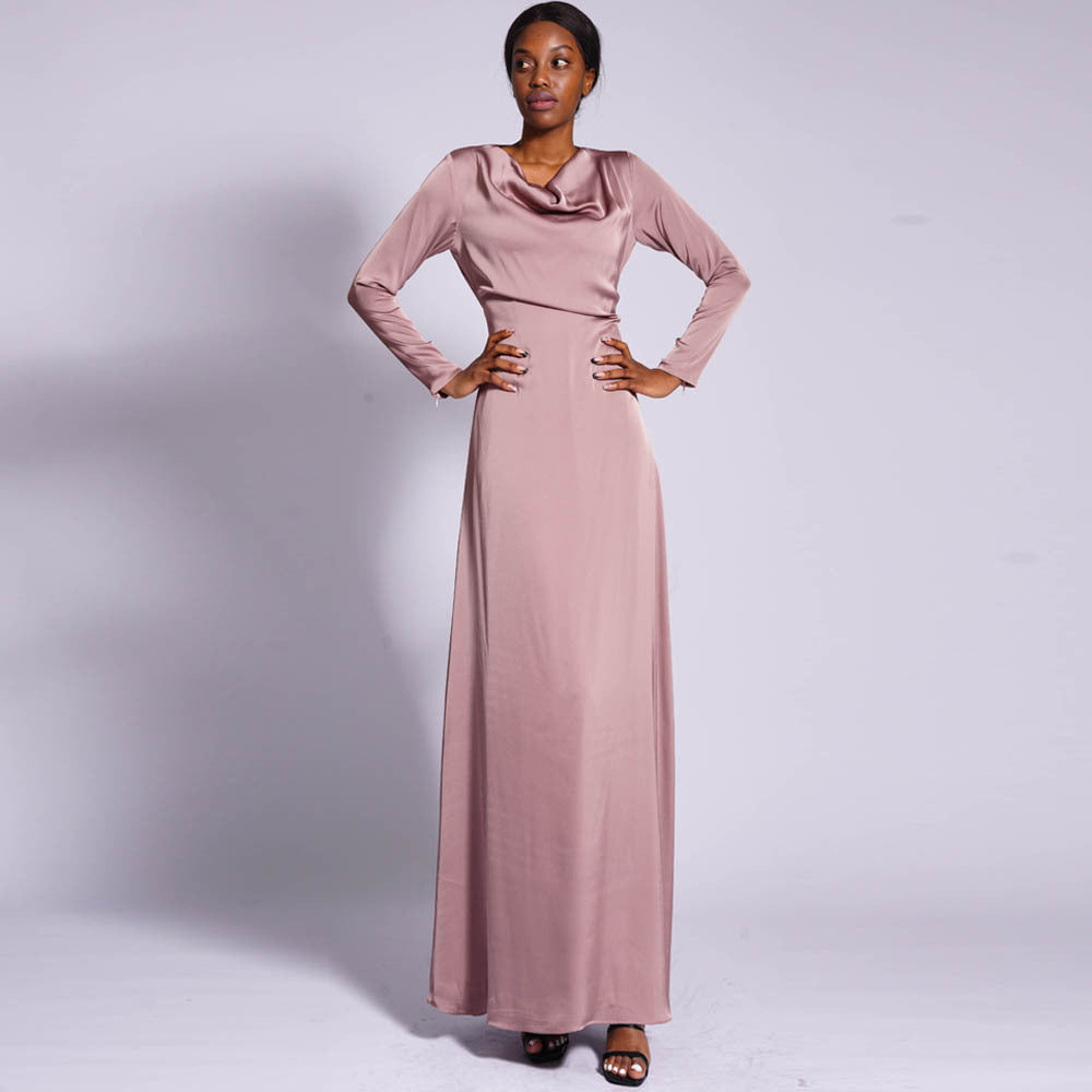 221010 Pile-up neck matte satin muslim abaya dress