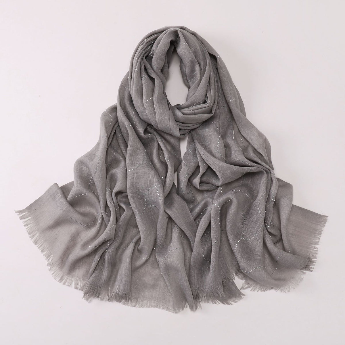 260602  Plain Soft Bamboo-Texture Yarn Short Fringe Hot-Fix Crystal Hijab