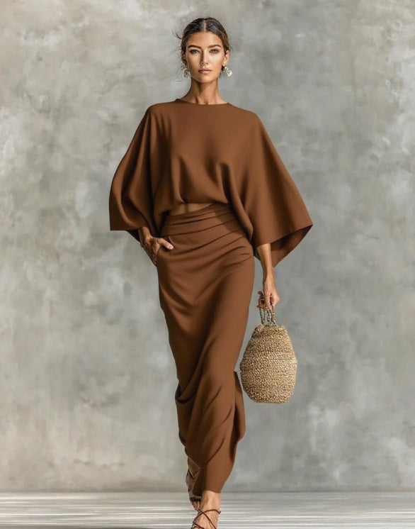 TJ7022  Autumn Crewneck Long Sleeve Top & High Waist Maxi Skirt Abaya Set