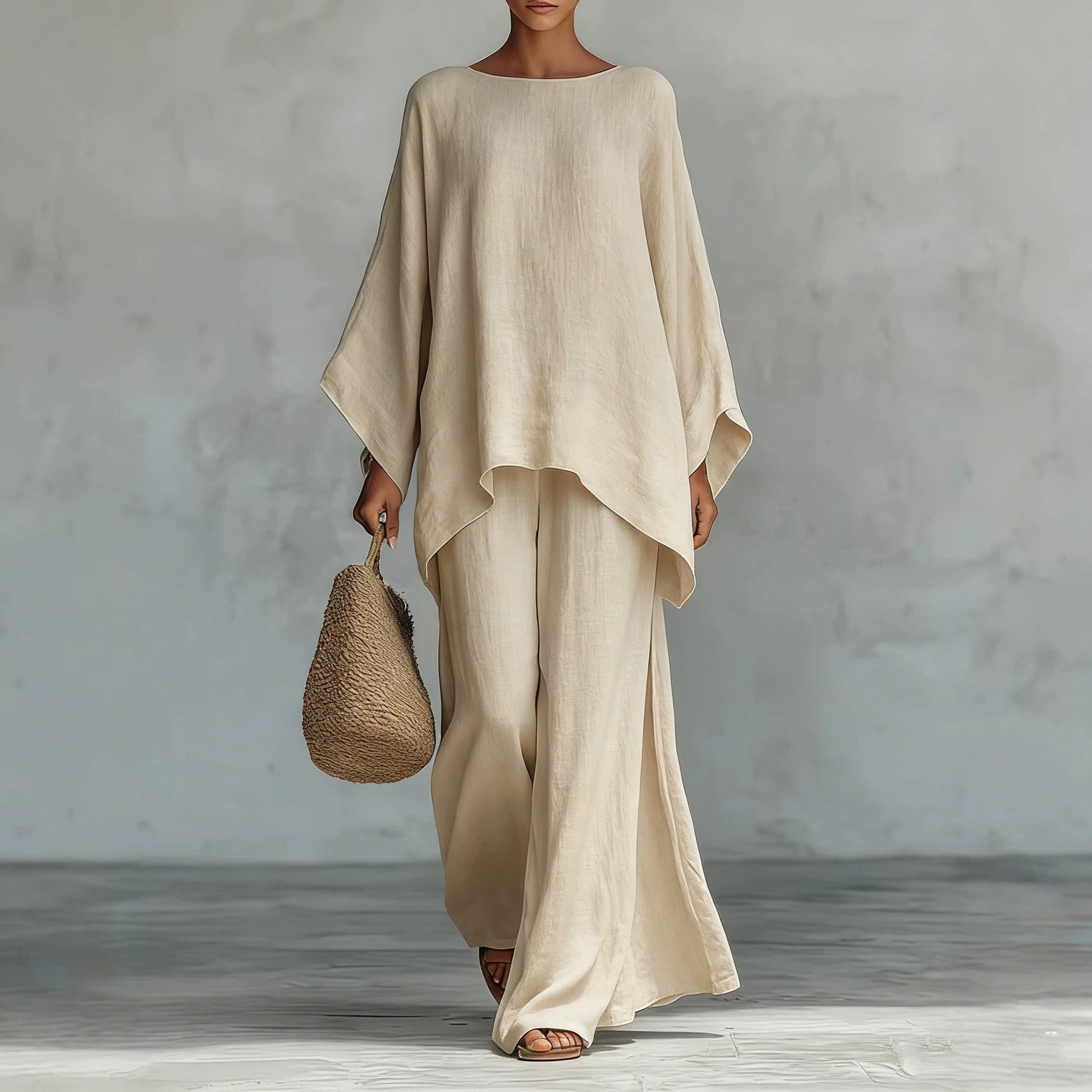 GS-30910  Women Simple Loose Linen Blend Shirt Wide Leg Pants Set