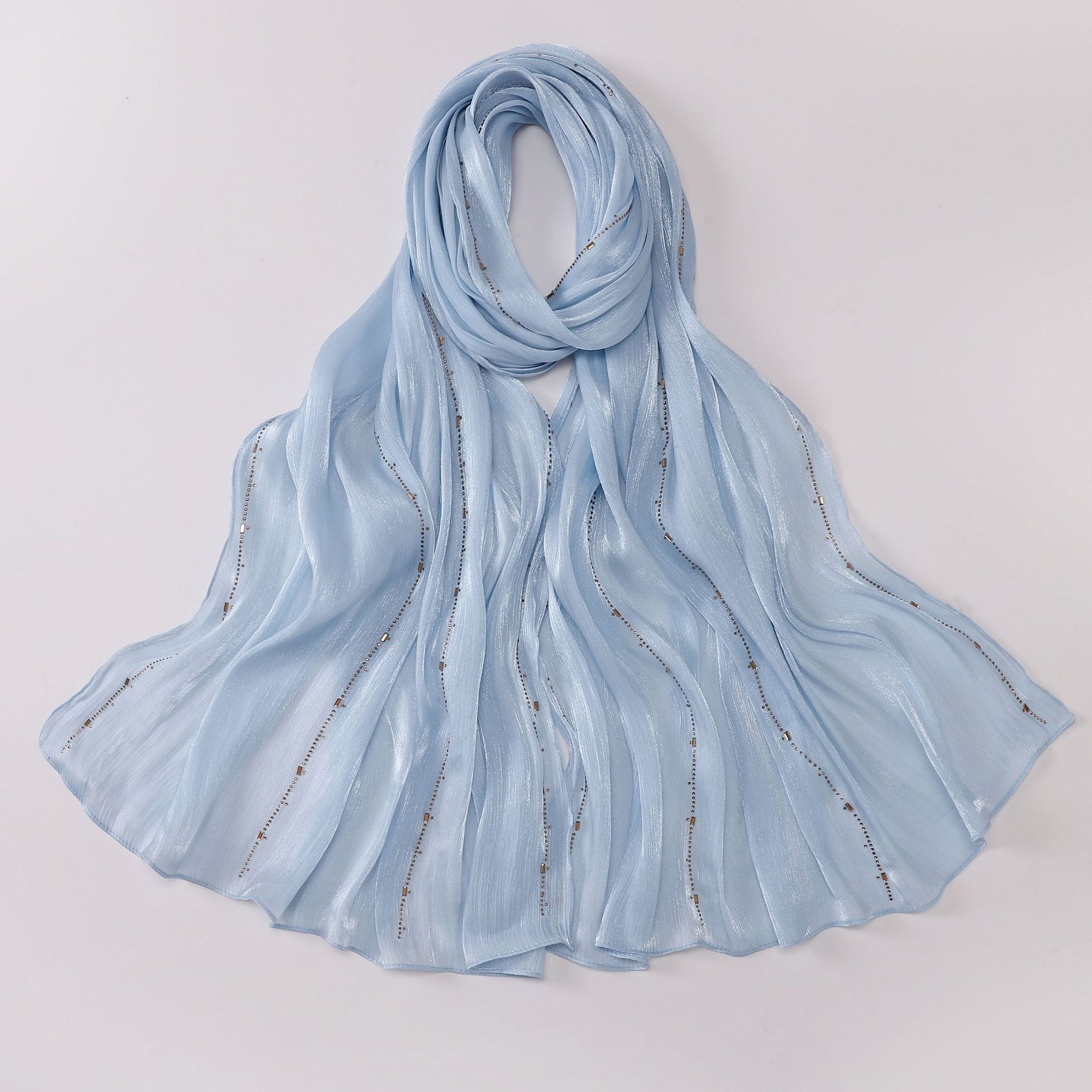 W-0513  Sea Island Silk Bright Silk Hijab with Rhinestone Lines
