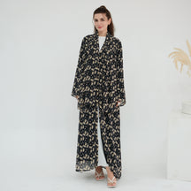 LR1067  Printed Chiffon Lined Open Abaya + Hijab Set