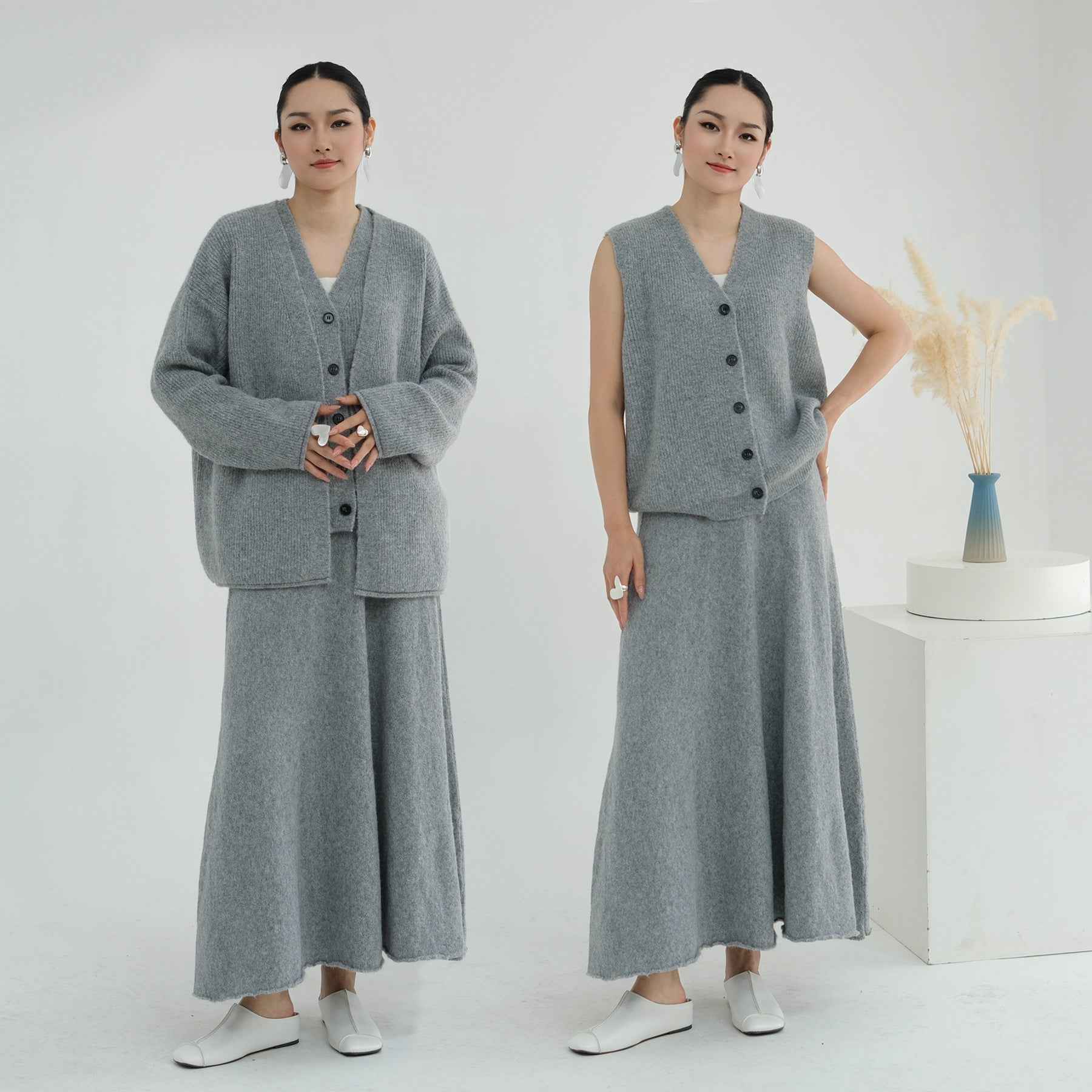 WDM010  Autumn/Winter Thickened Knitted Plain Three-Piece Set + Hijab