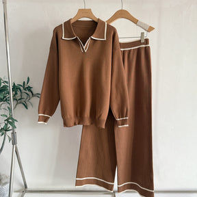 6676  Women's Autumn Contrast Color Lapel Jersey Two-Piece Set