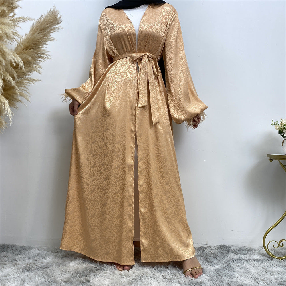 1950 printed satin feather muslim abaya dress