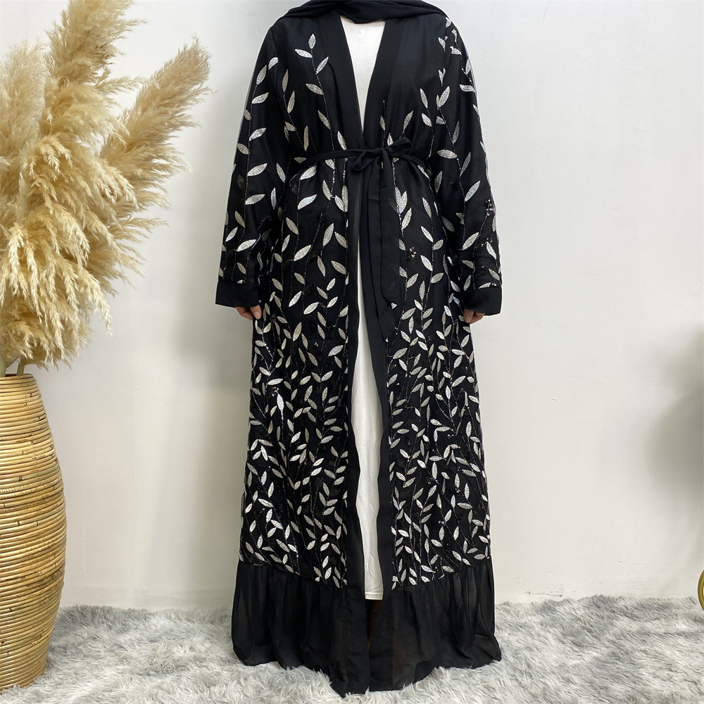 1711 Leaf embroidery sequin abaya muslim dress