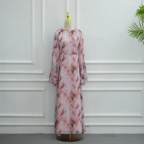 LR1338  Printed Double-Layer Chiffon Flare Sleeve Dress