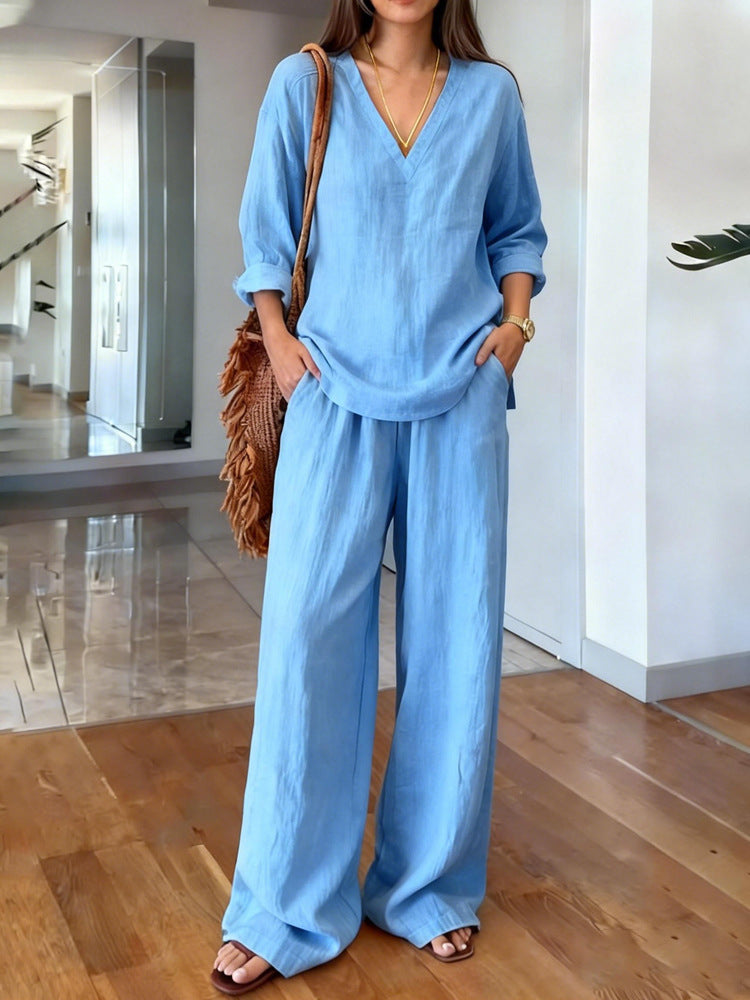 CB003  Elegant V-Neck Long Sleeve Top & Pants Abaya 2-Piece Set