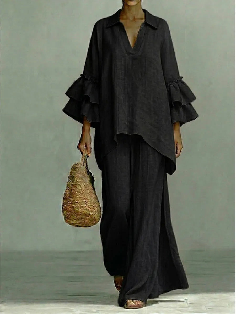 8152  Women Casual Plain Shirt Collar Loose Pants Two Piece Set