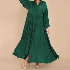 7826  Women's Casual Plain Button Lapel Pleated Long Sleeve Maxi Dress