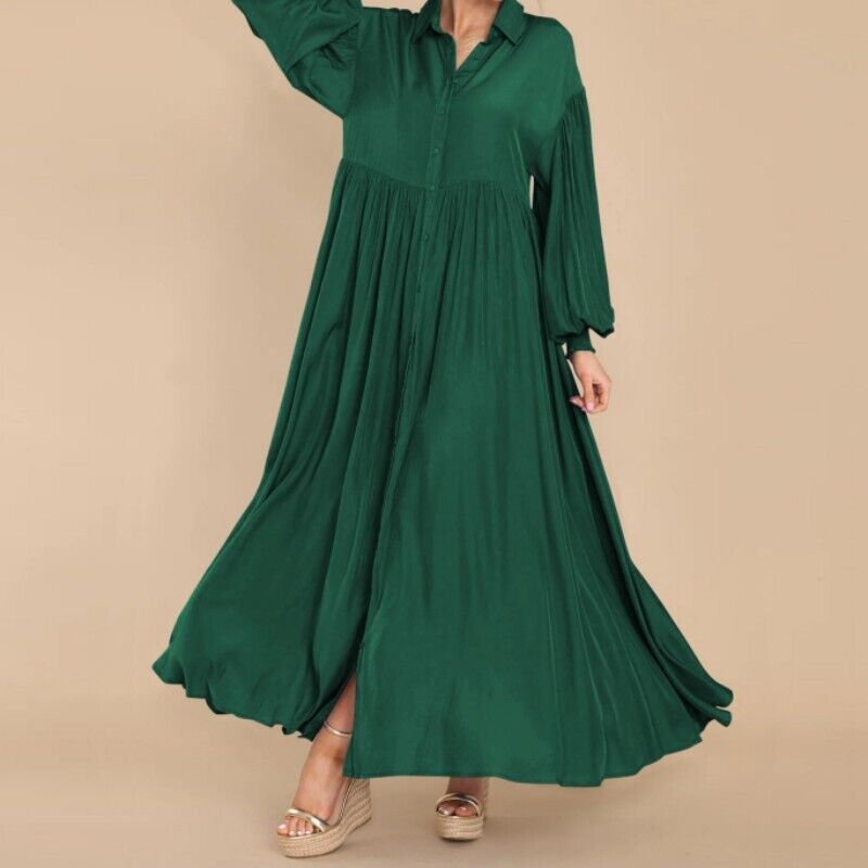 7826  Women's Casual Plain Button Lapel Pleated Long Sleeve Maxi Dress