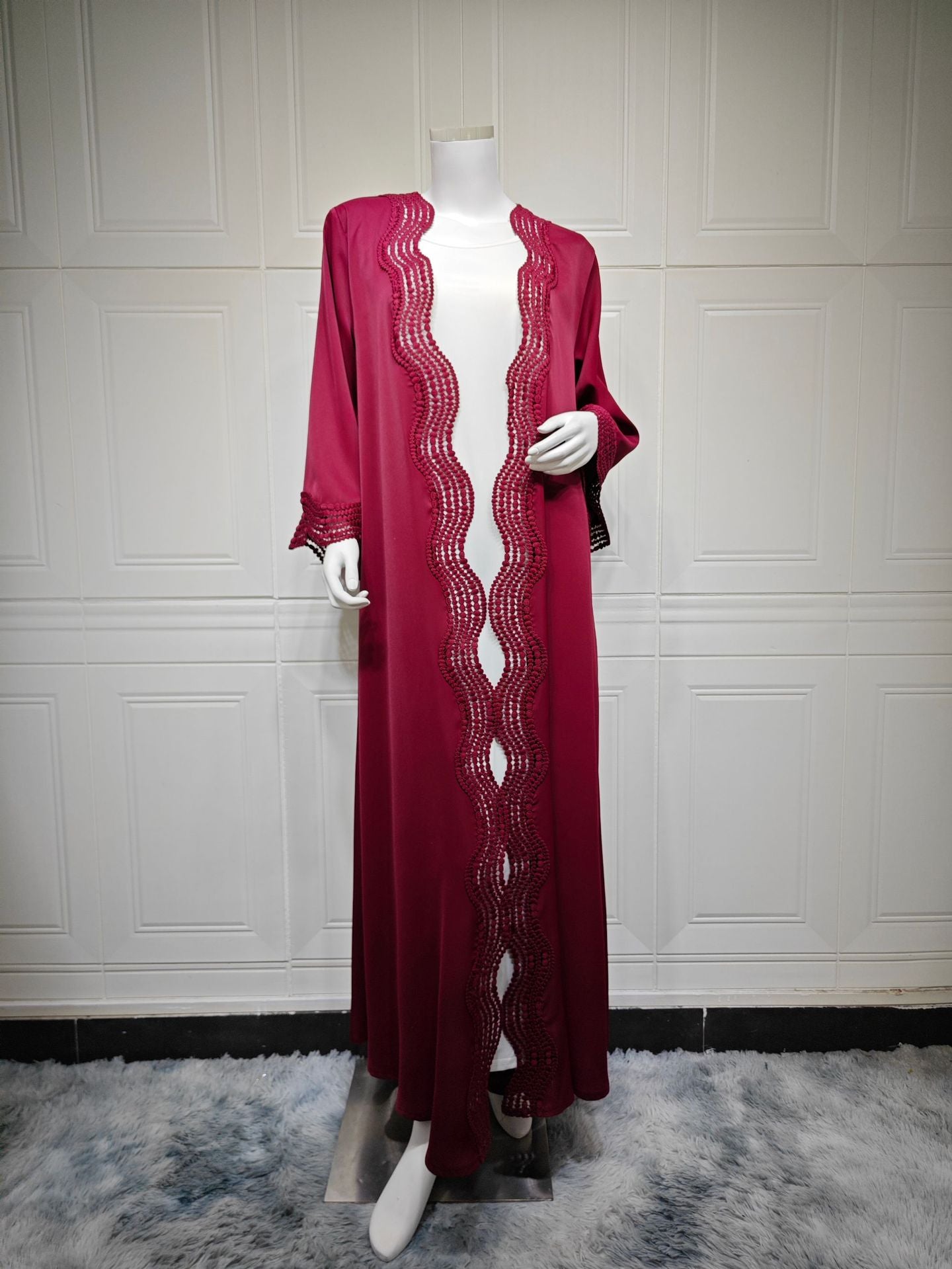MQ255  Elegant Lace Trim Long Dress Cardigan