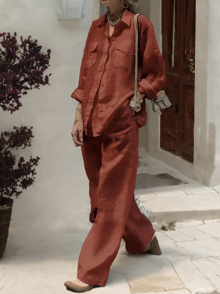 136  Women's Long Sleeve Shirt & Loose Pants Two-Piece Set for Autumn