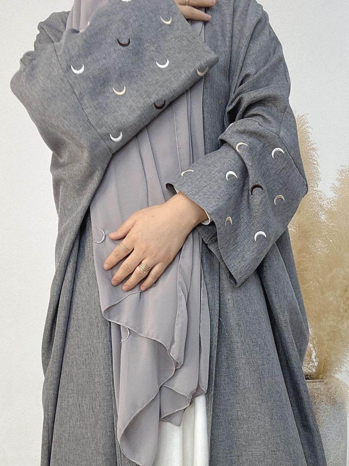 YLCX  Plain elegant long dress – cardigan style, moon embroidery