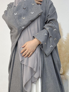 YLCX  Plain elegant long dress – cardigan style, moon embroidery