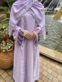 198#  Floral Embroidered Polyester Open Abaya + Slip Dress Set - Hijab sold separately