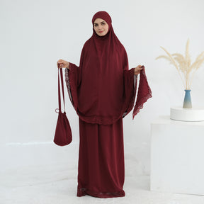 LR957  4-Piece Prayer Mat Storage Bag Lace Hijab & Skirt Set