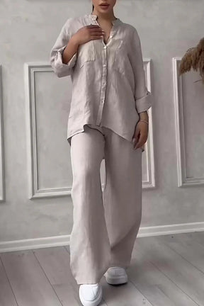 6670  Women's Plain Single-Breasted Long Sleeve Shirt & Tie Waist Pants Set