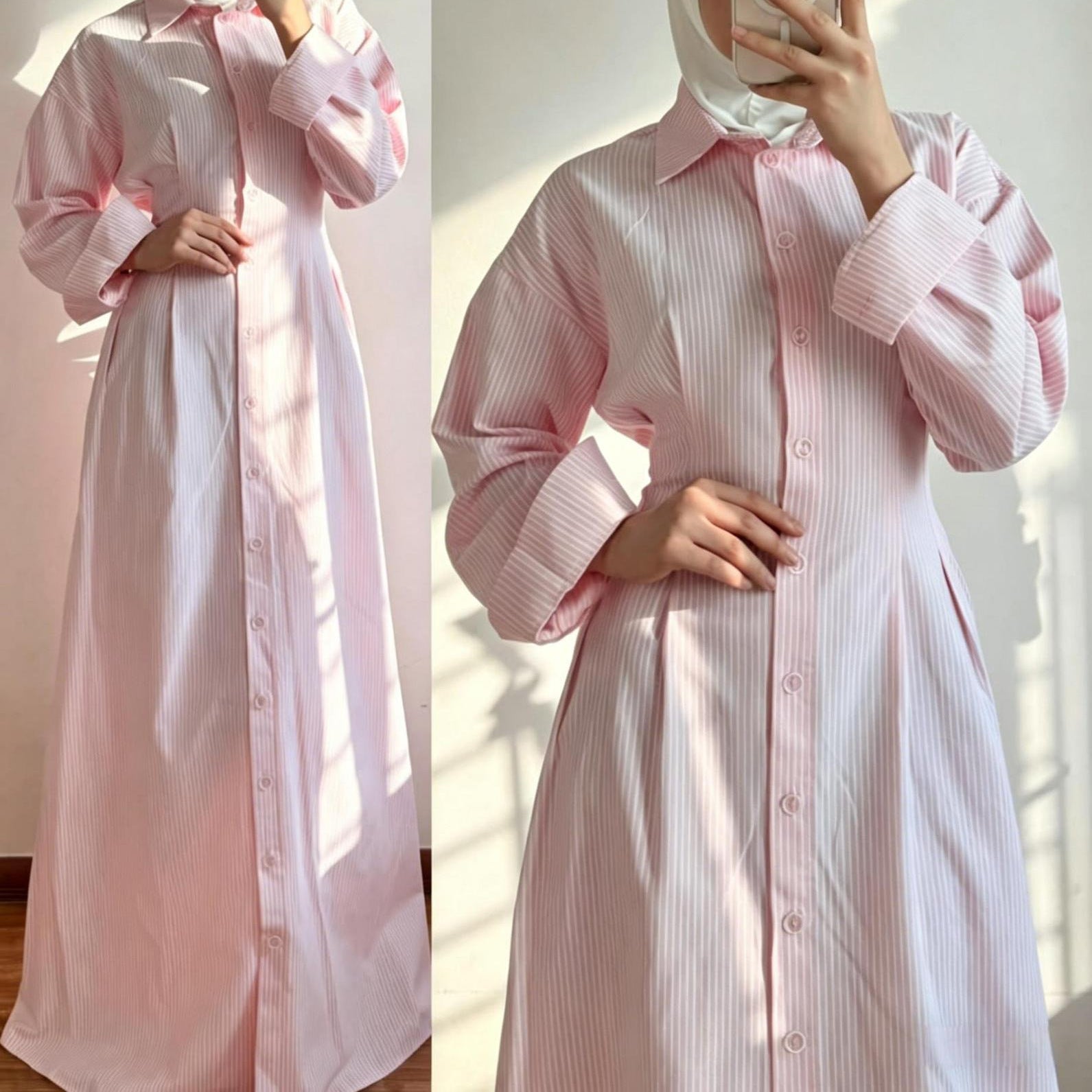 B2633  Striped Single-Breasted Long Sleeve Cinch Waist Shirt Dress Abaya