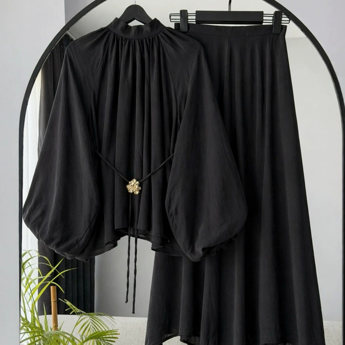 L6283  Puff Long Sleeve Tie Waist Slimming Top and Wide Leg Culotte Pants Two Piece Set