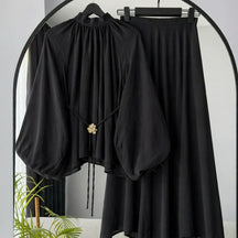 L6283  Puff Long Sleeve Tie Waist Slimming Top and Wide Leg Culotte Pants Two Piece Set