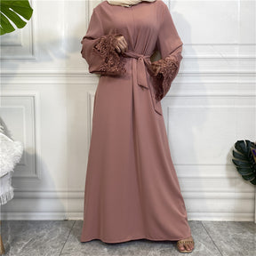 6659 Lace flower solid color muslim abaya dress