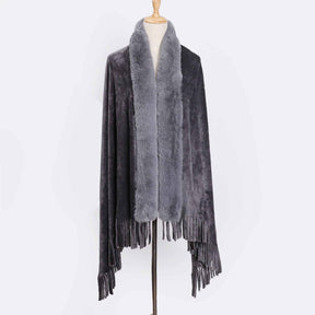 FLR-001  Double-Faced Flannel Shawl Scarf with Orylag Fur Collar and Tassels