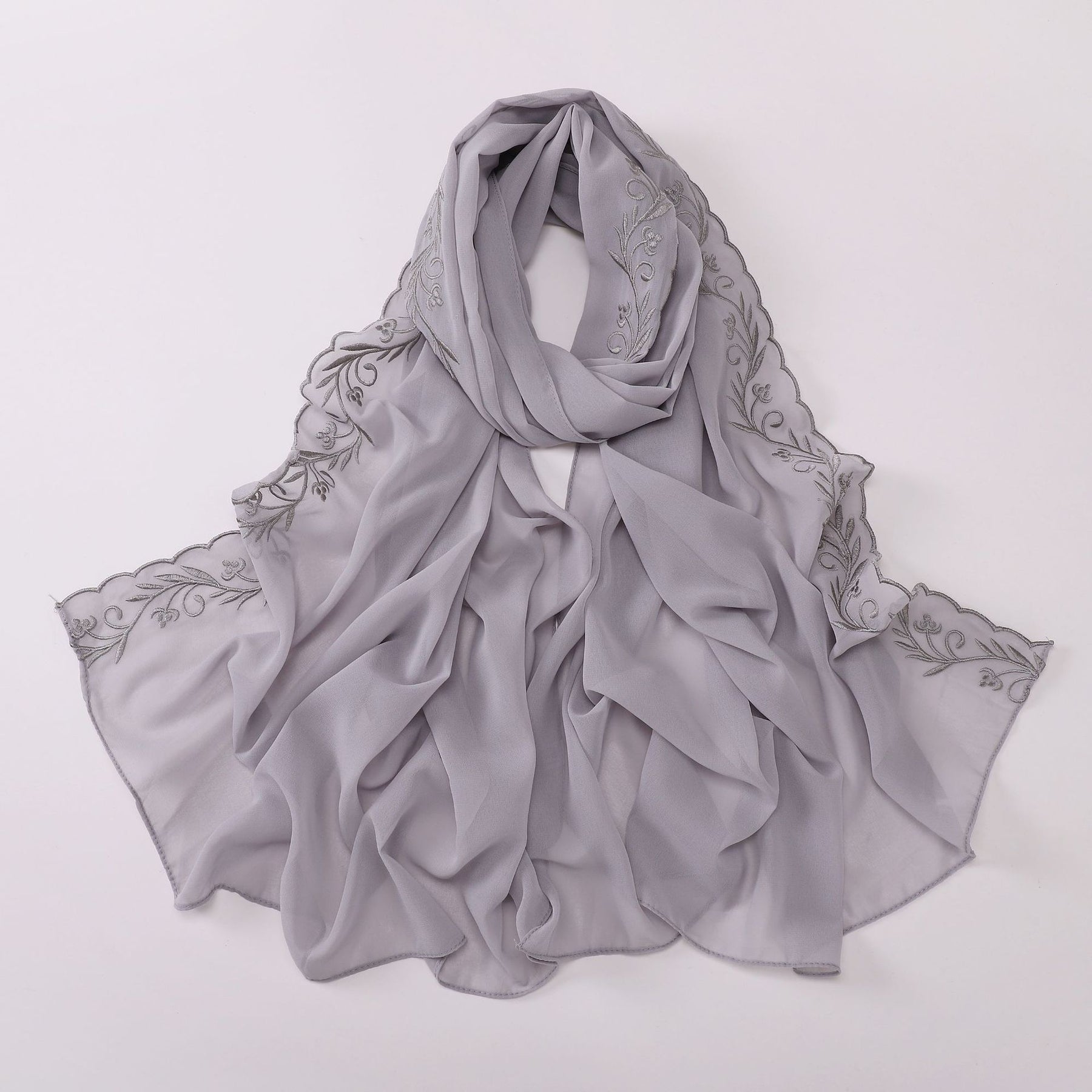 W-0512  Pearl Chiffon Long Hijab with One Side Embroidery