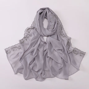 W-0512  Pearl Chiffon Long Hijab with One Side Embroidery